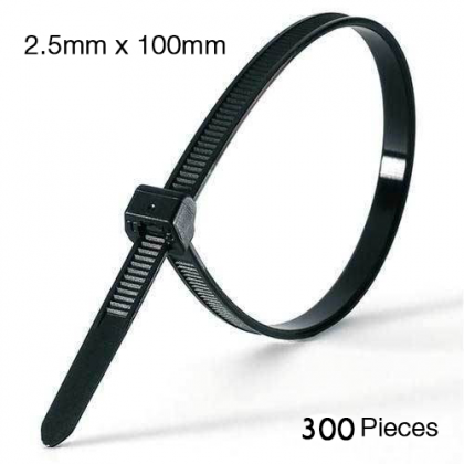 2.5mm X 100mm Self-Locking Nylon Cable Tie Black - 300 Pcs